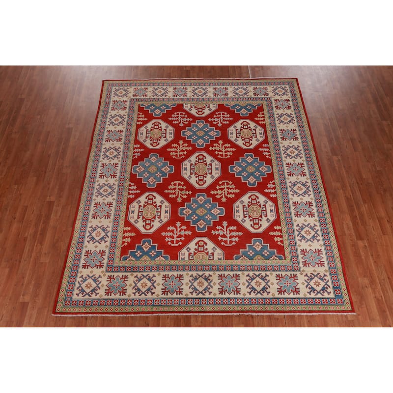 Hand Knotted Oriental 100% Wool Carpet Traditional Geometric Red Kazak Area Rug - 9' 6'' X 8' 0''