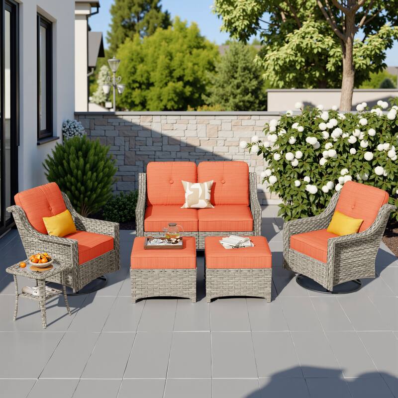 HOOOWOOO 6-piece Wicker Furniture Patio Loveseat Sofa Conversation Set with Swivel Chair