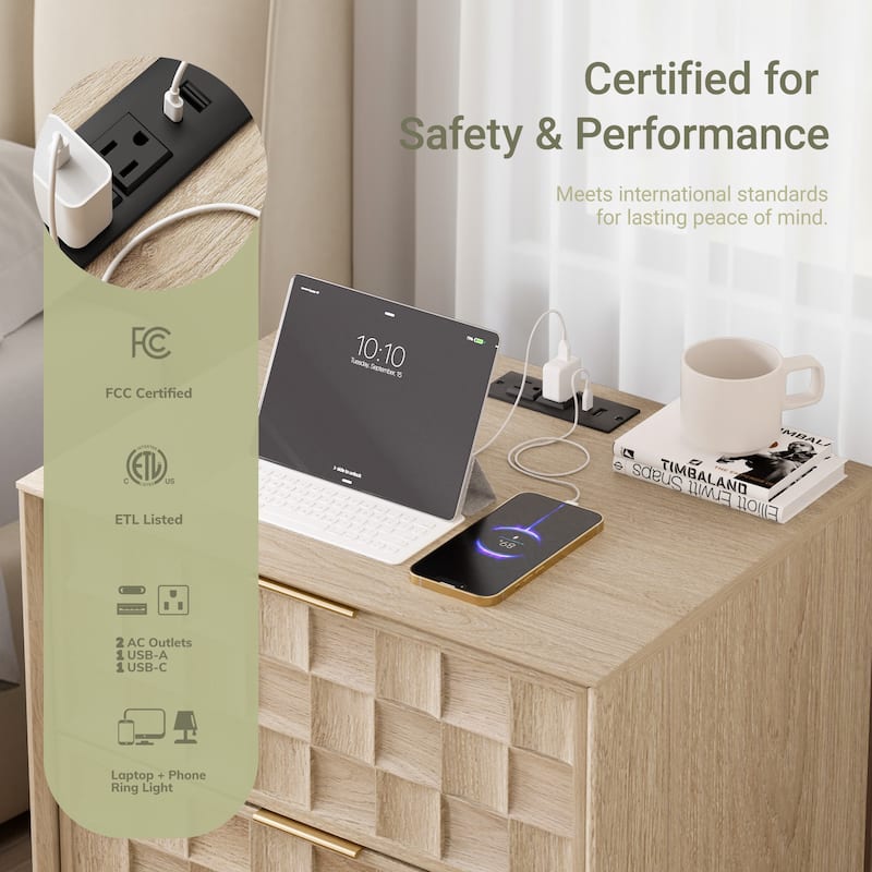 22" Modern Nightstand with Charging Station & 2 Drawers - Compact Bedroom Side Table​