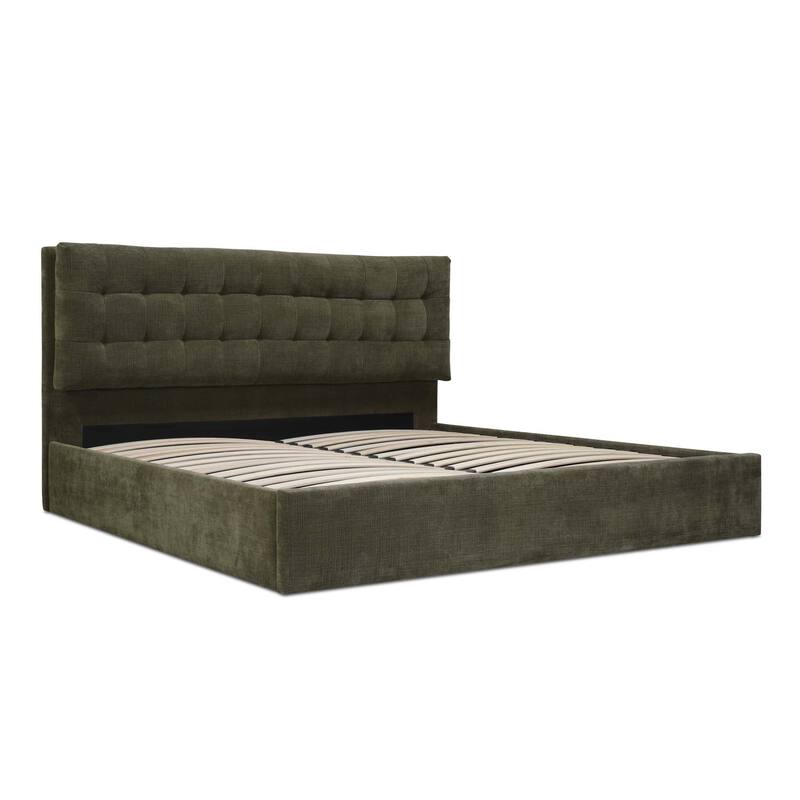 NADAAL STUDIOS Aloura Green Upholstered King Bed with Tufted Headboard and Hydraulic Lift Storage