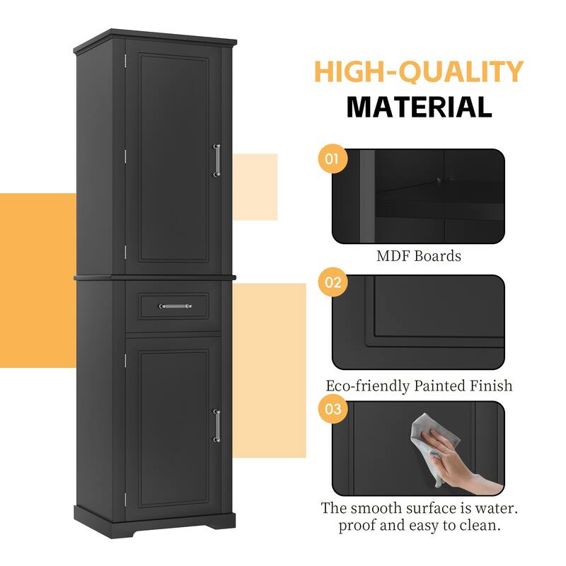 72" Tall Freestanding Storage Cabinet with 4 Doors, 2 Drawers, Adjustable Shelves and Door Racks, Painted MDF Organizer