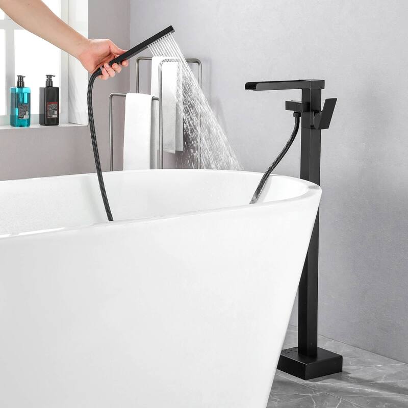 Freestanding Bathtub Faucet With Sprayer Floor Mount Tub Faucets Waterfall Tub Filler With Hand Shower Modern Bath Tub Trim