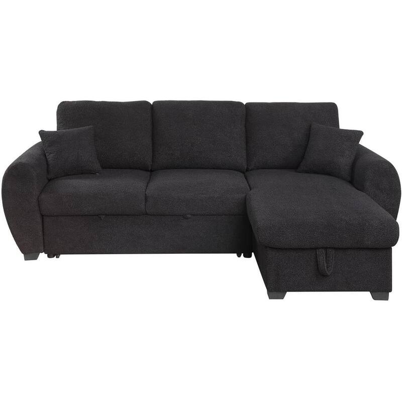 Ica 95 Inch Sleeper Sectional Sofa with Storage Chaise, Black Teddy Fleece