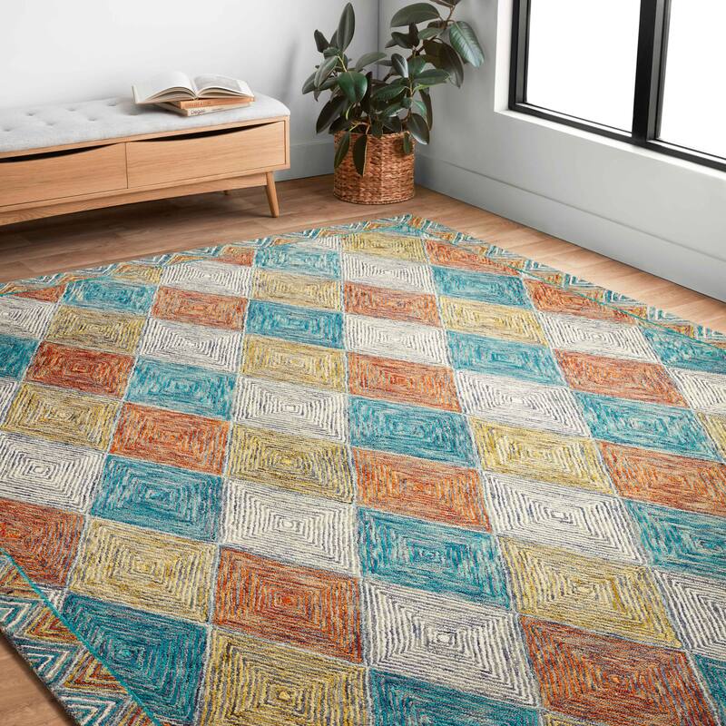 Alexander Home Kaleidoscope Diamond Hand-Hooked Wool Rug - 9'3" x 13' - SUNSET / OCEAN