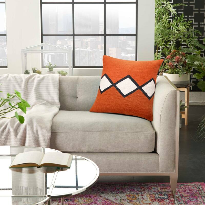 Handwoven Embroidered Diamond Cotton Throw Pillow Cover - 20" - Orange and White