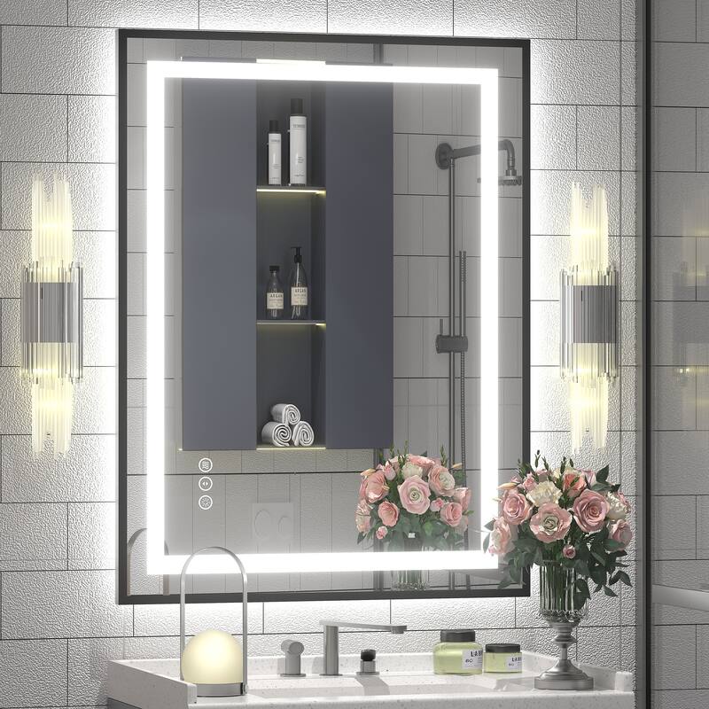 Black Metal Framed LED Front Light and Backlit Anti-Fog Wall Bathroom/ Vanity Mirror - 32" x 24"-Square Corner - Black