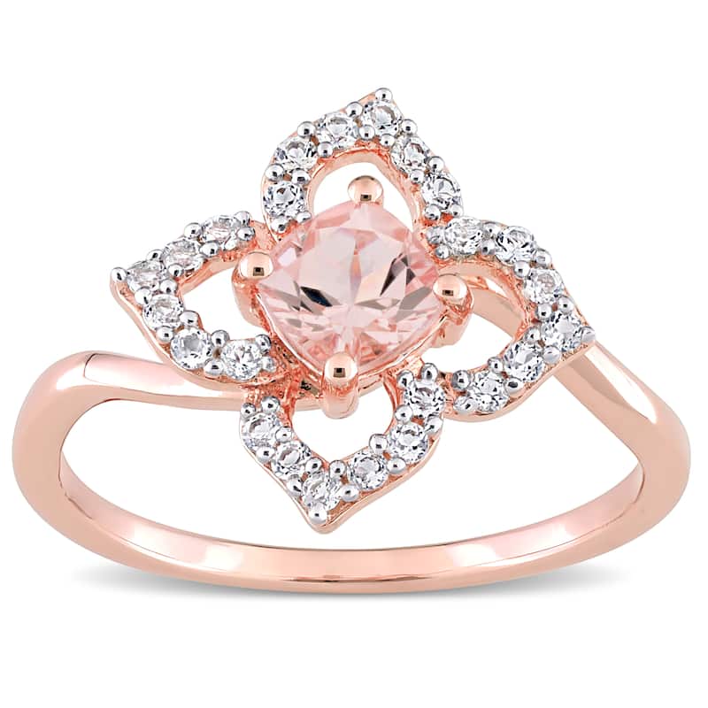 Miadora Cushion-cut Morganite and White Topaz Quatrefoil Floral Ring in Rose Plated Sterling Silver