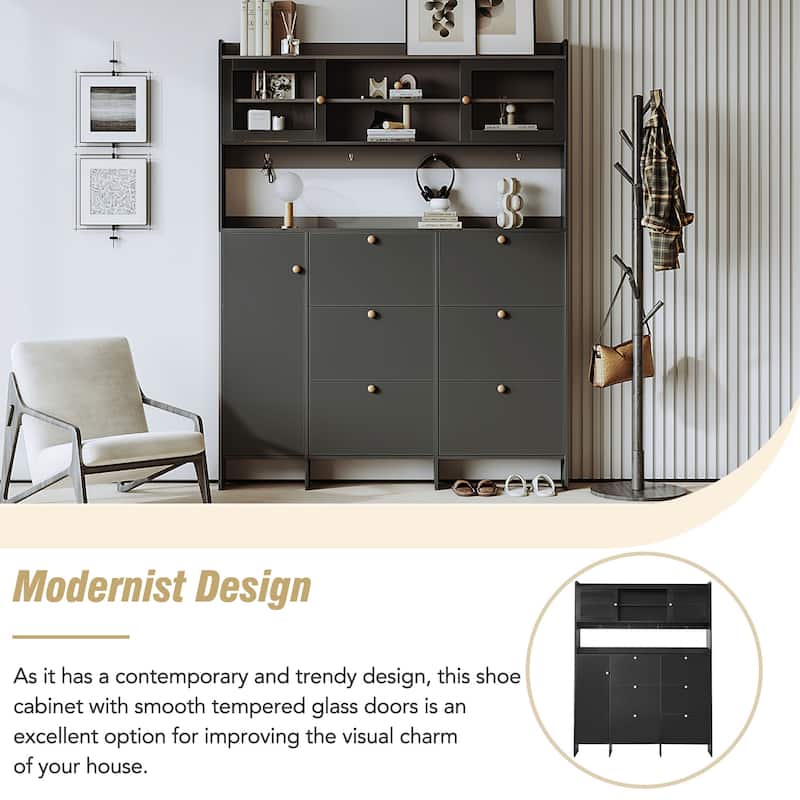 Large Hall Tree Shoe Cabinet with 6 Flip Drawers, Tempered Glass Doors & 4 Hooks, 62.1W Entryway Storage