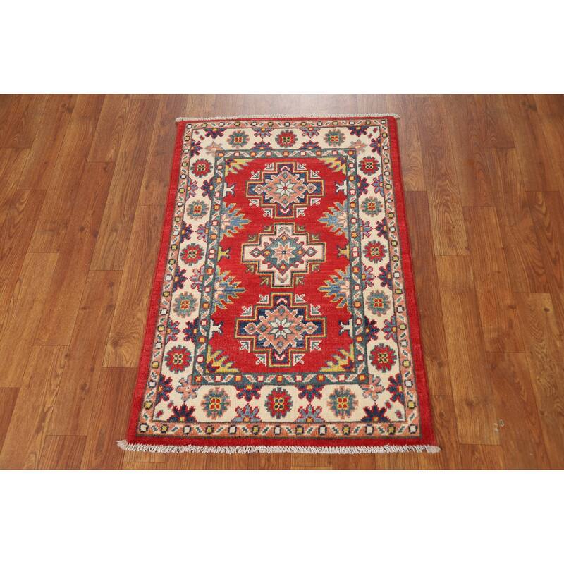 Hand Knotted Oriental 100% Wool Carpet Traditional Geometric Red Kazak Area Rug - 3' 0'' X 2' 0''