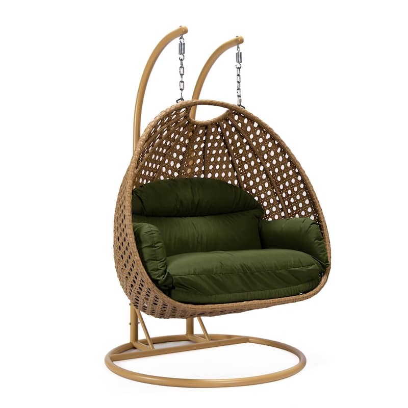 LeisureMod Mendoza 2-Person Hanging Egg Swing Chair - Handcrafted Light Brown Wicker, Patio Hammock Lounger with Cushions - 53"