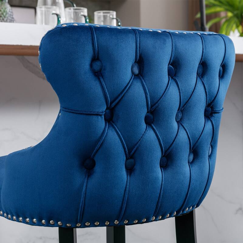 Velvet Wingback Bar Stools Set of 2, Button Tufted Dining Chairs with Footrest, Upholstered Counter Stools with Wooden Legs