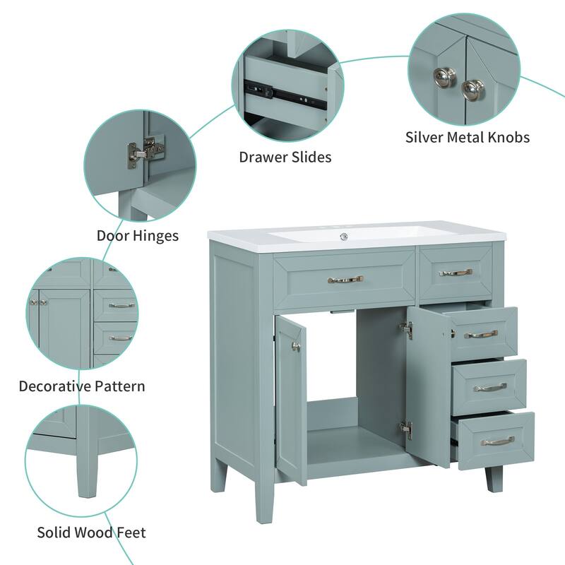 36 in.W MDF Freestanding Bathroom Vanity Set with Integrated Sink, Drawers and Doors - 36" x 18" x 36"