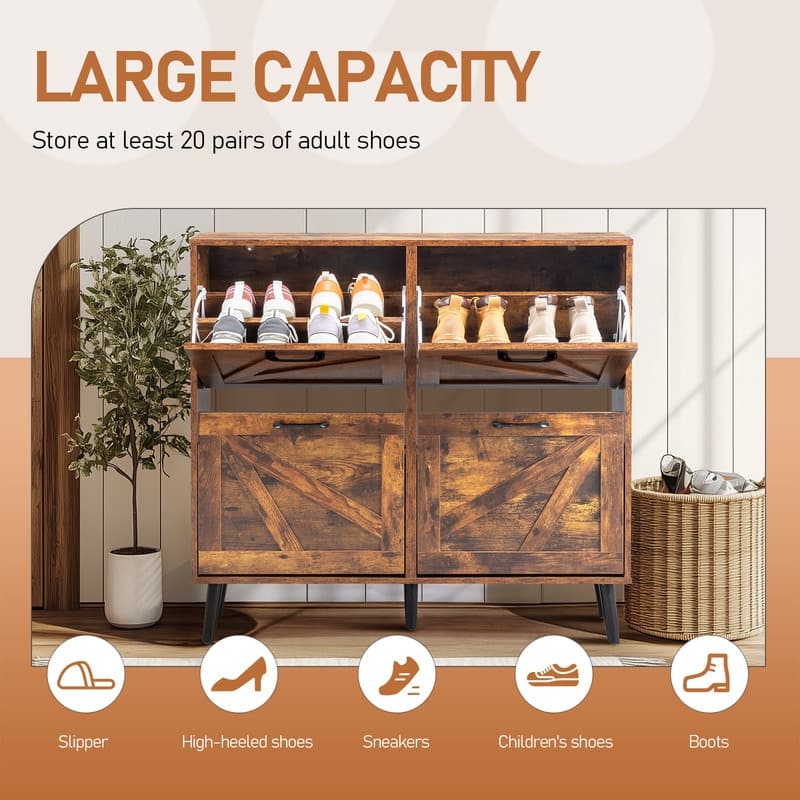 Barn Door 4 Flip Black Handles Melamine Particleboard Shoe Cabinet 41.7In