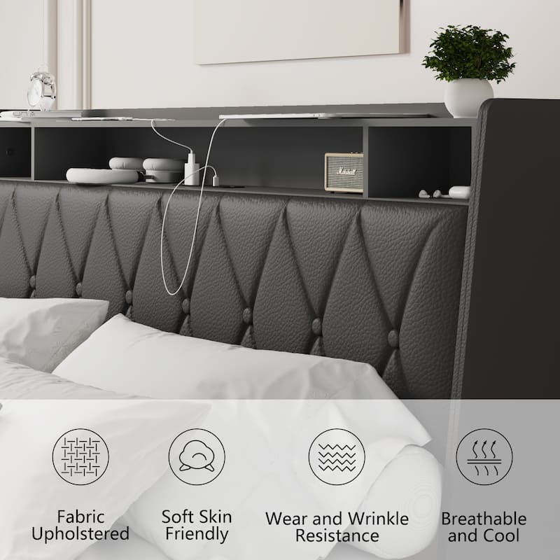 Queen Bed Frame with Ergonomic Headboard, Platform Bed Frame with Outlets & Charger, Metal Bed Frame with Storage Shelf