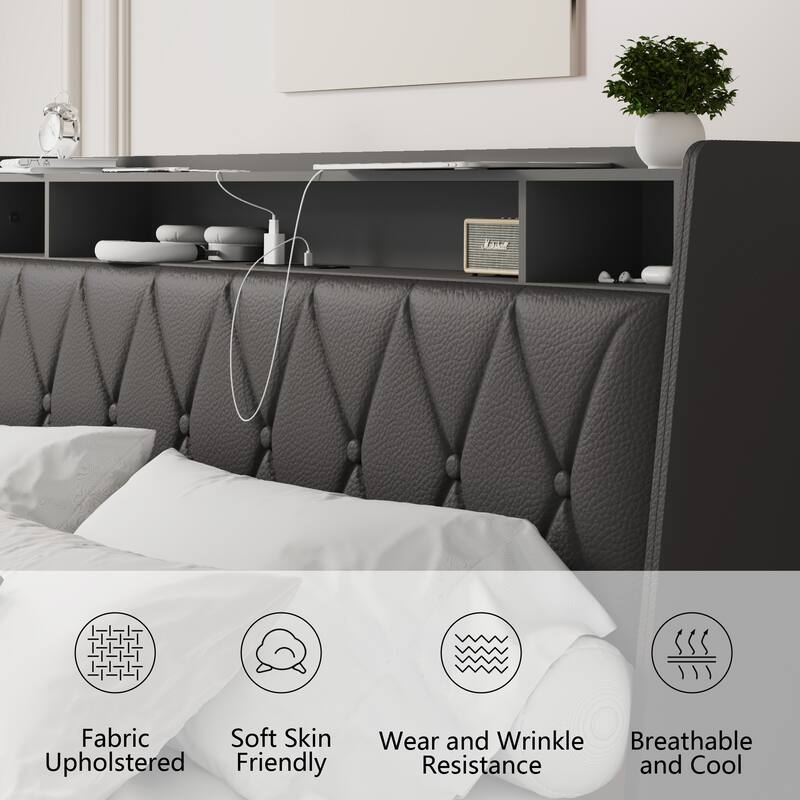 Wooden Platform Bed Frame with 4 Drawers/Ergonomic Upholstered Headboard with Charging Ports & Storage Shelf/Metal Frame Support