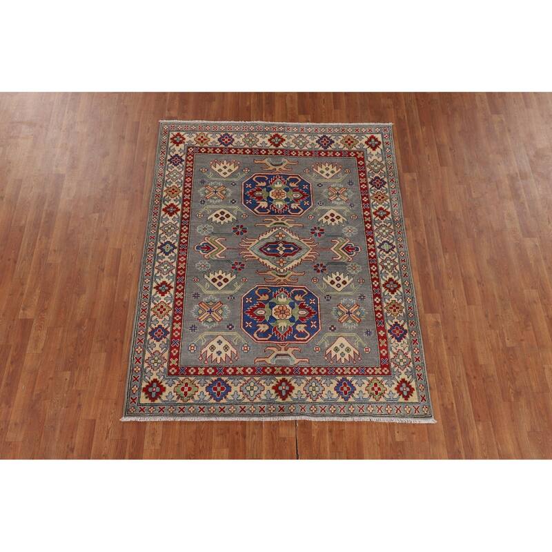 Gray Geometric Kazak Area Rug Hand-Knotted Wool Carpet - 5'2" x 6'7"