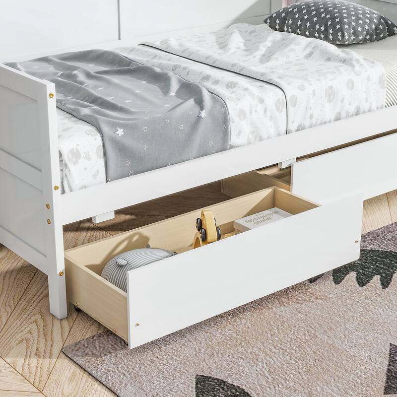Twin Size White Pine Wood Daybed with 2 Storage Drawers, Convertible Sofa Bed for Bedroom or Living Room