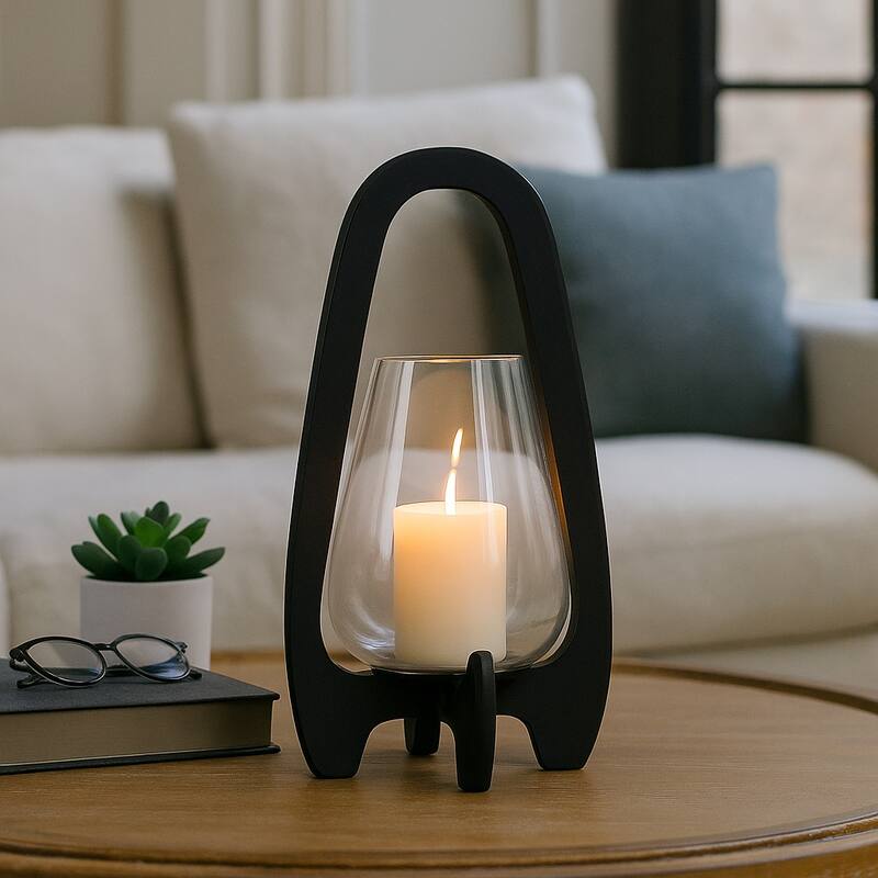Glass Hurricane Lantern with Wood Handle - Black, 15 in. - 15.0"