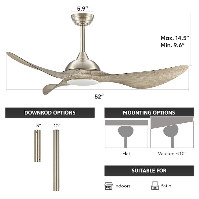 52" Outdoor Wet-Rated Waterproof LED Ceiling Fan with Dimmable Light and Remote Control