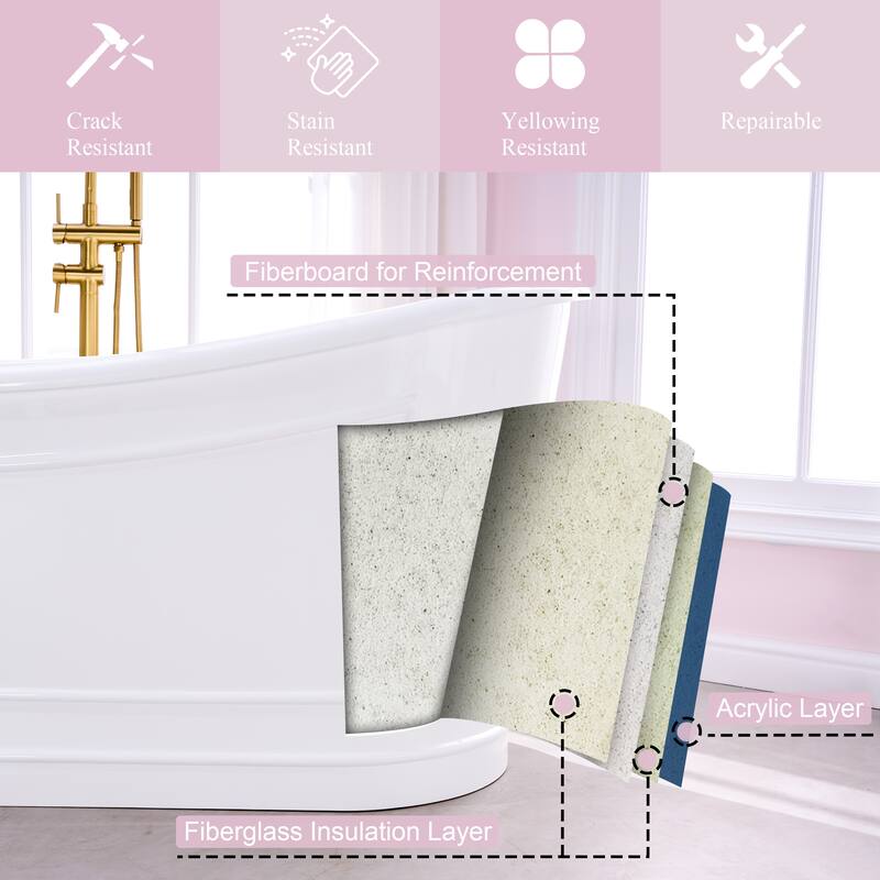 66'' W,68 GALLONS Freestanding Acrylic Soaking Bathtub With Drain And Overflow Holes