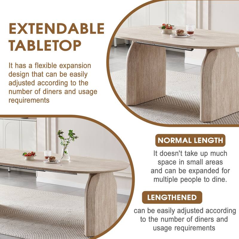 Wood Extendable Dining Table, Modern Oval Kitchen Table with Stylish Dual - Pillar Design - Natural Wood