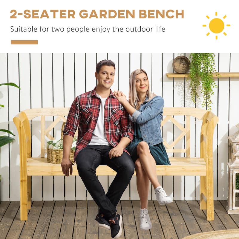 Outsunny Three-Person Wooden Bench, Three-Seater Outdoor Patio Bench, Backrest and Armrests, Rustic Country Diamond Pattern