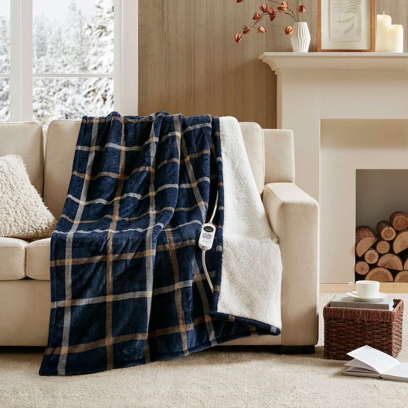 Woolrich Print Plush to Sherpa Heated Throw - 50x60" - Navy Plaid