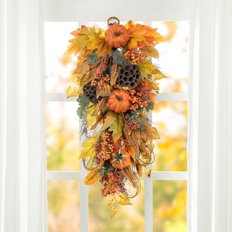 Glitzhome 26"H Fall Sunflower Pumpkin Lotus Leaf Teardrop Swag Wreath Thanksgiving