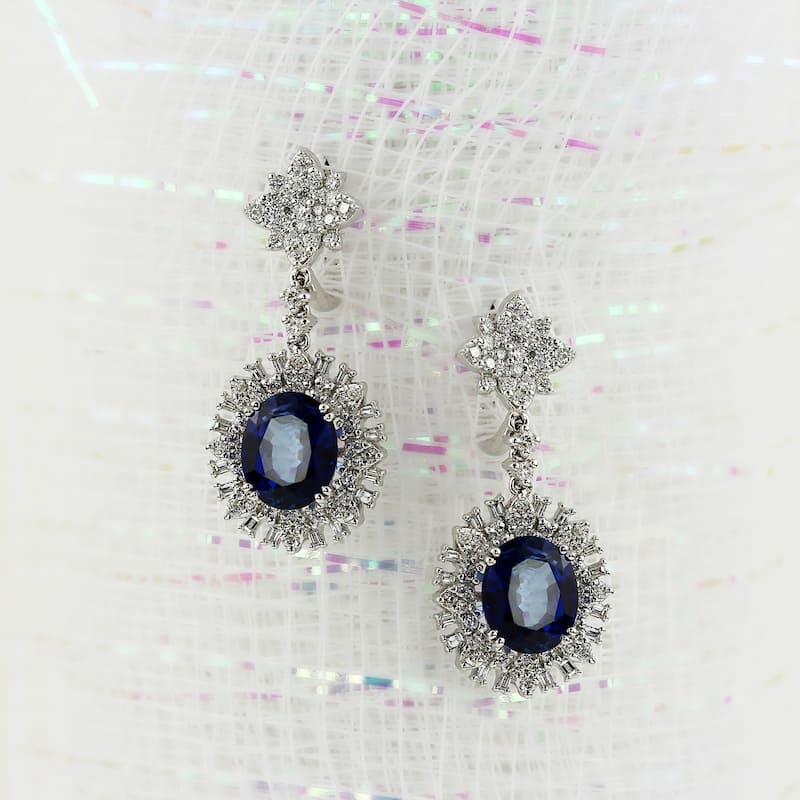 Auriya Fancy 7 1/4ct Royal Blue Sapphire Oval and 1 3/4ctw Halo Diamond Dangle Earrings 18K Gold