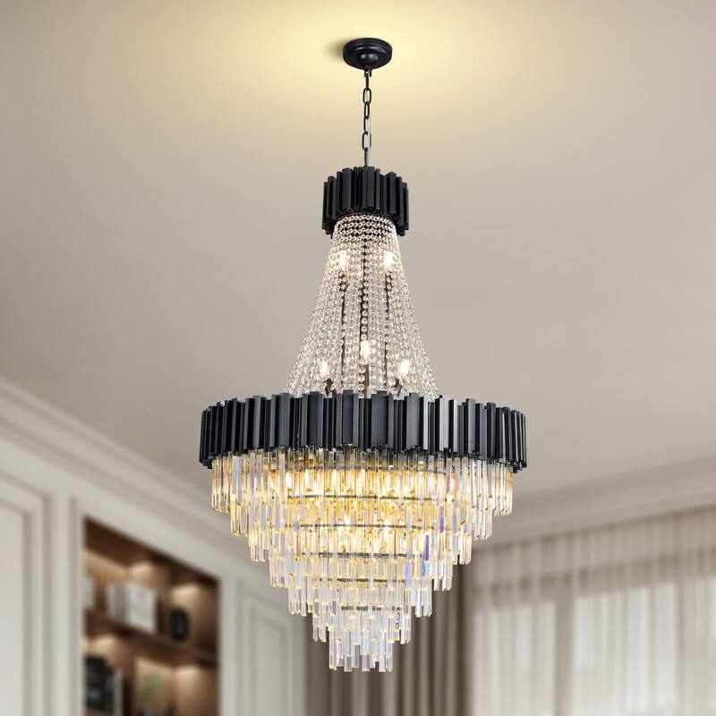 KAYLA Large Crystal Chandelier - 35.4"Modern 6-Tier 17-Light Chrome Ceiling Light, Luxury K9 Crystal - 54in - Black