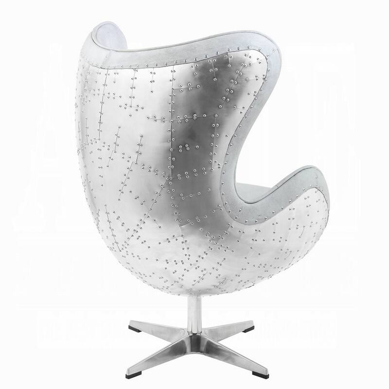 Bran Egg Chair with Swivel, Riveted Metal, White Top Grain Leather