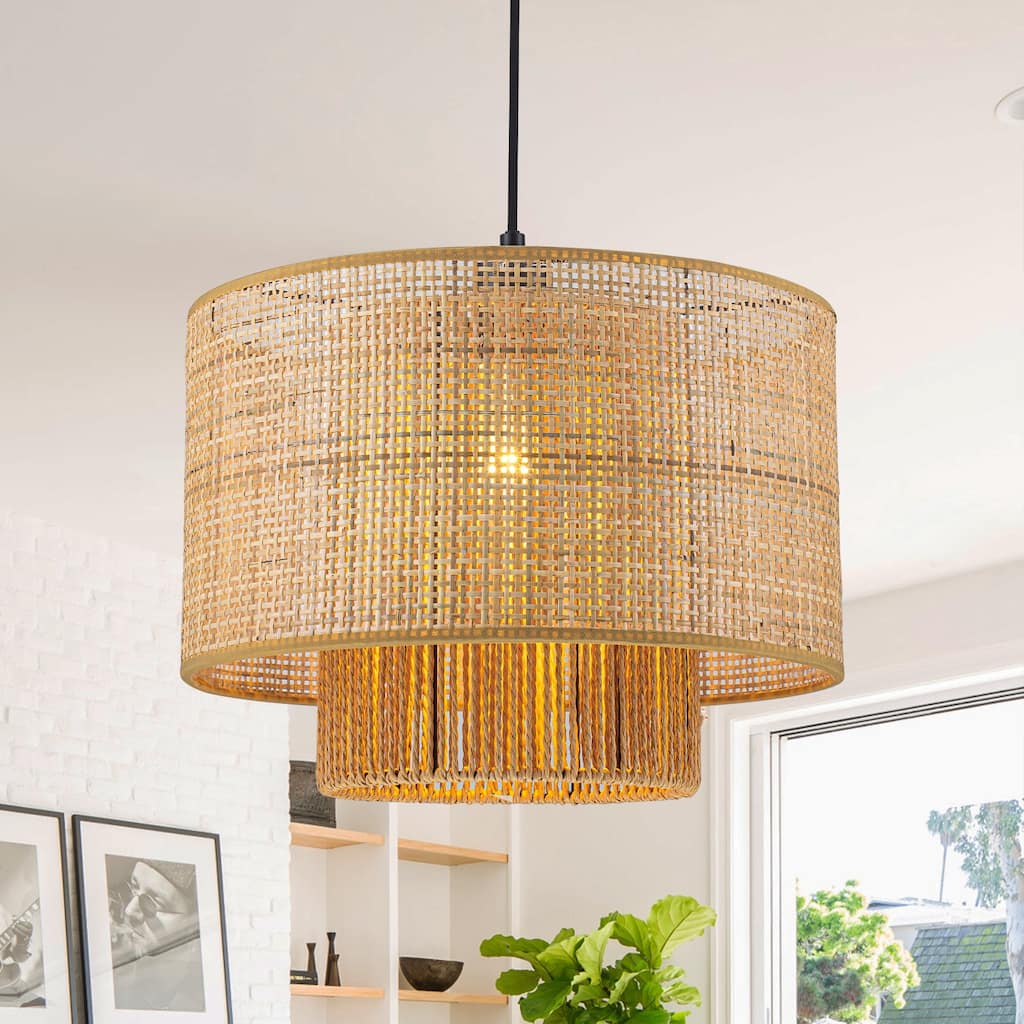 Farmhouse 1-Light Drum Pendant Light with Rattan Shades