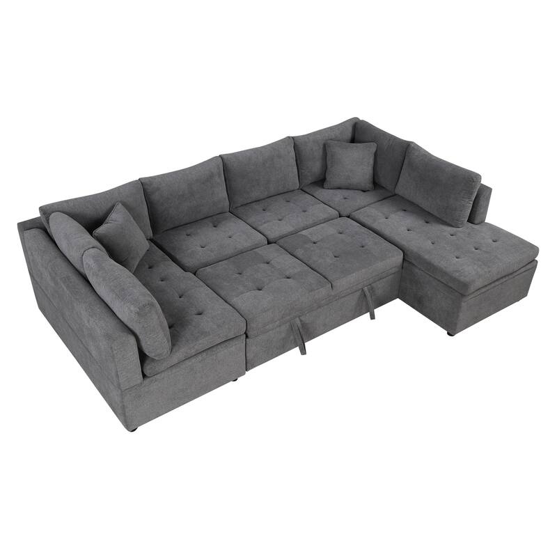 L-Shaped Reversible Sleeper Sectional Couch Pull Out Sofa Bed with Storage Racks, 2 Pillows and USB Port for Living Room