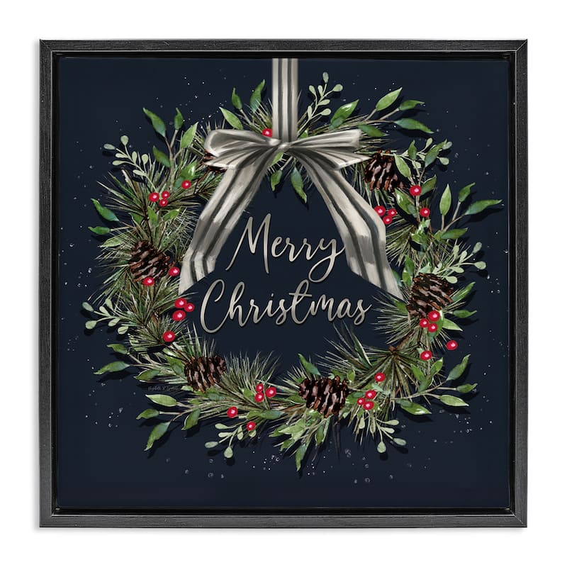 Stupell Hanging Christmas Wreath with Bow Framed Floater Canvas Wall Art Design By Elizabeth Tyndall - 18 x 18 - Black