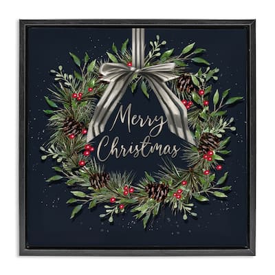 Stupell Hanging Christmas Wreath with Bow Framed Floater Canvas Wall Art Design By Elizabeth Tyndall
