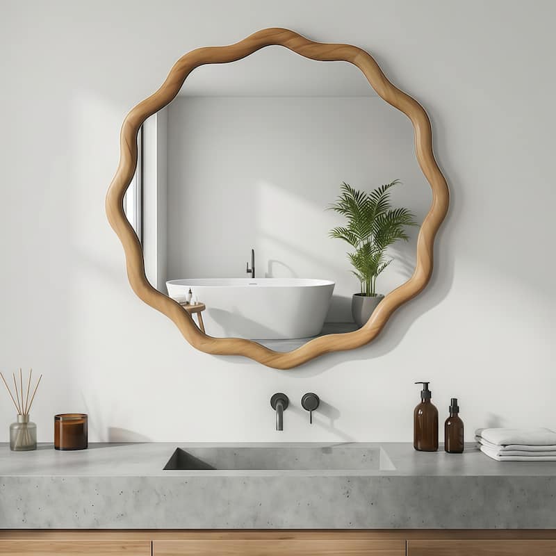 24 inch Wavy Round Solid Wood Frame Decorative Mirror,For Bedroom, Bathroom, Living Room, Entryway