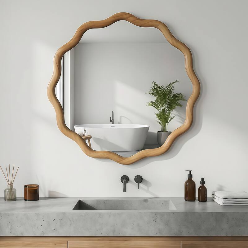 24 inch Wavy Round Solid Wood Frame Decorative Mirror