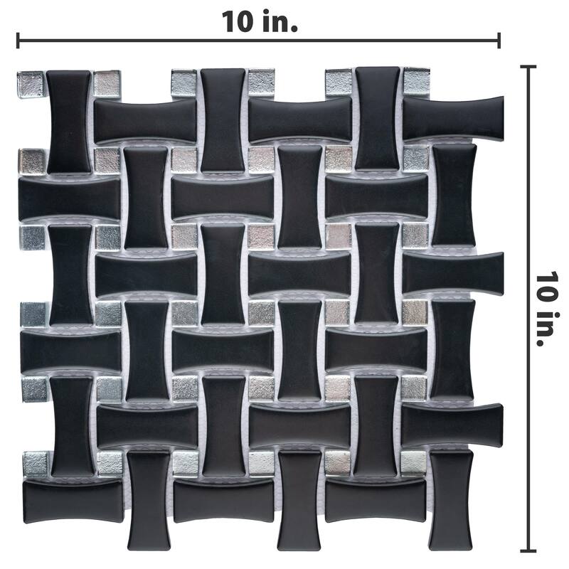 Merola Tile Metro Dog Bone Basketweave Matte Black with Glass Silver Dot 10" x 10" Porcelain Mosaic Wall Tile