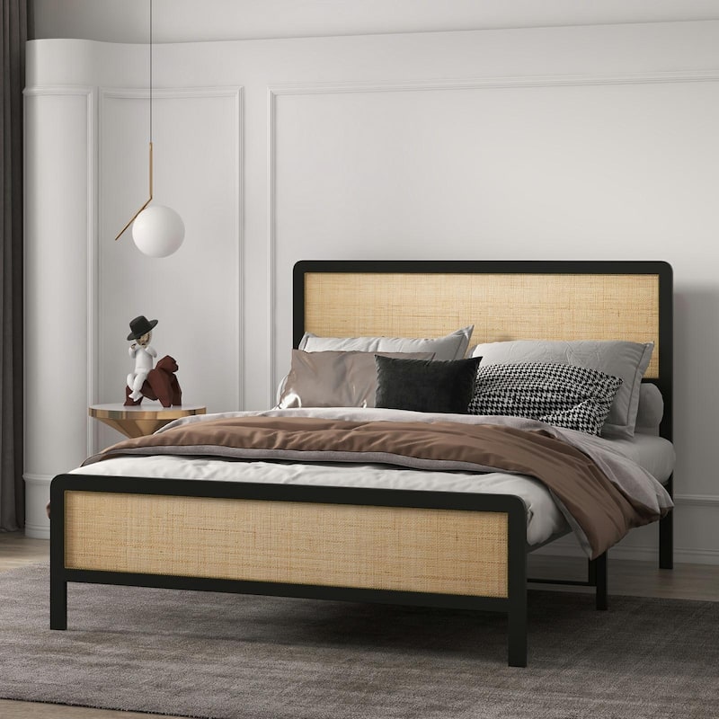 Bed Frame with Rattan Headboard, No Box Spring Needed - Queen