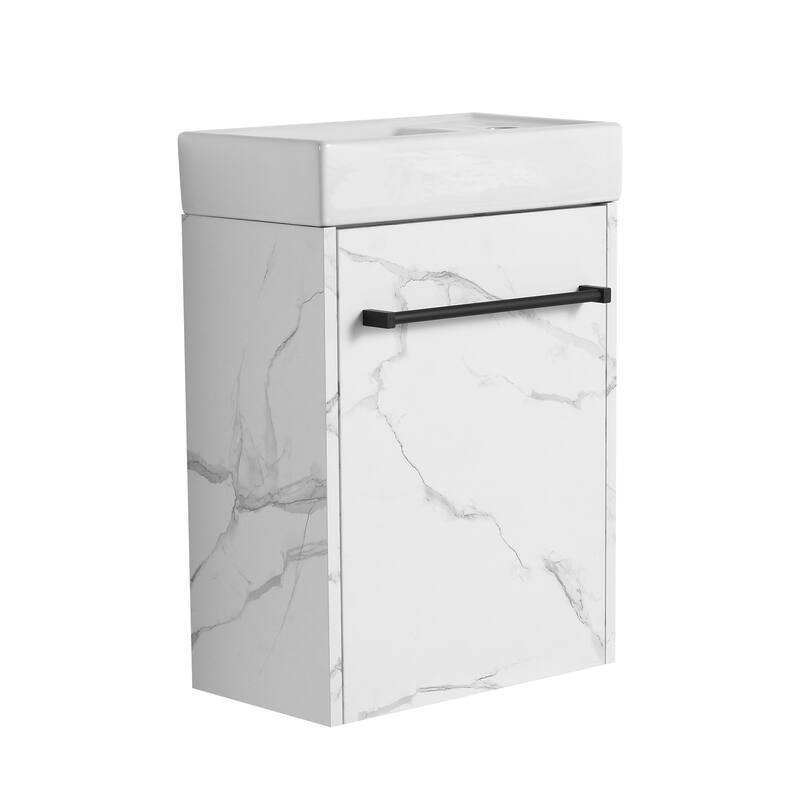 16" Wall-Mounted Bathroom Vanity with Carrara White Ceramic Sink, Soft-Close Doors, and Ample Storage