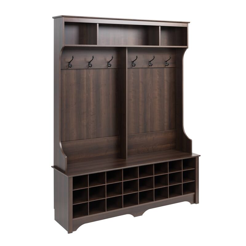 Prepac Hall Tree with Bench and Shoe Storage, Mudroom Bench with Storage and Hooks