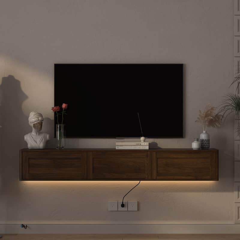 Floating 68" Wall Mounted TV Stand for TVs up to 75", Media Console Table with LED Lights and Power Outlet - Walnut