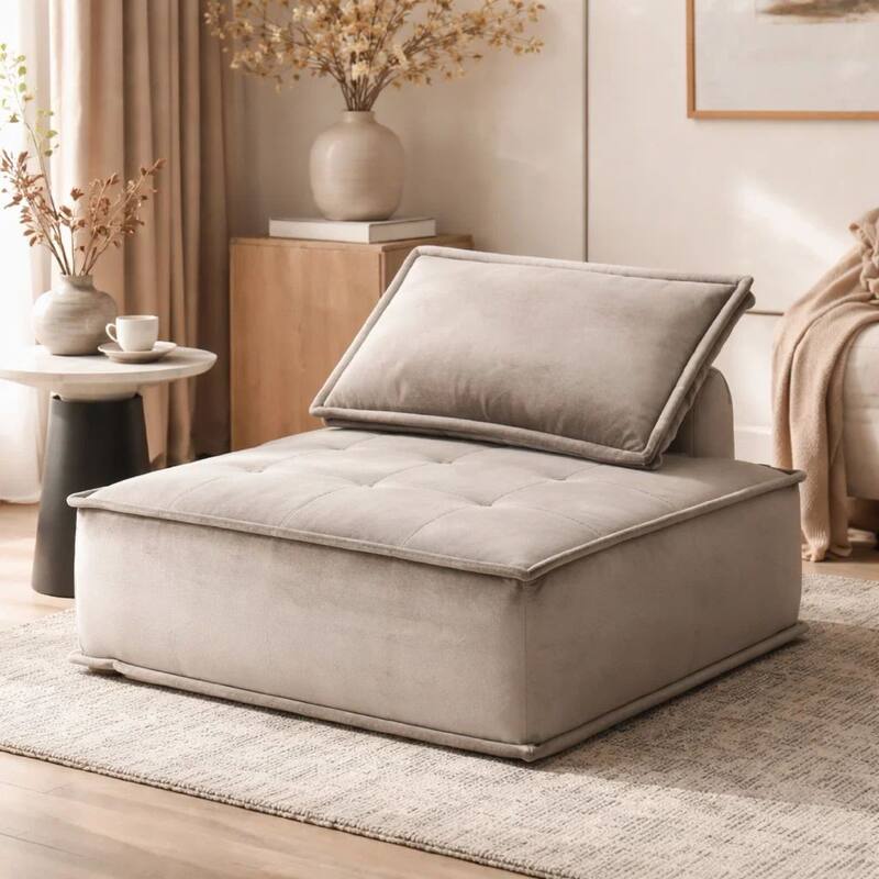 Nob 40 Inch Armless Lounge Chair, Tufted Seat, Pillow Back, Gray Velvet