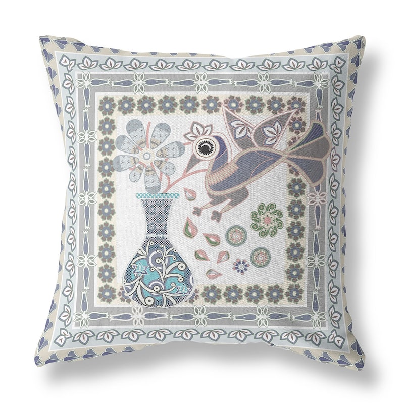 HomeRoots 20" x 20" Gray Peacock Blown Seam Floral Indoor Outdoor Throw Pillow - 20.00' X '5.00' X '20.00