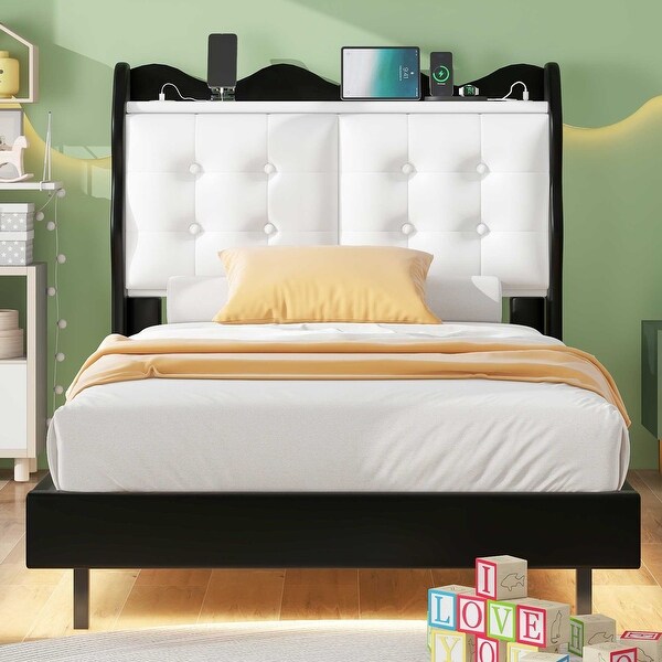 Black Twin Platform Bed with Upholstered Headboard and USB Charging Storage Single Bed LED Light Bed Frame for Night s Sleep