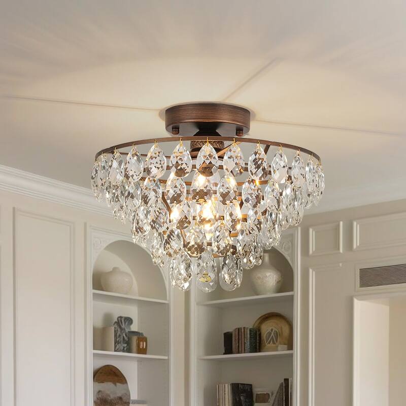 Vintage Glam Tiered Round Crystal Semi Flush Ceiling Light 12.6in