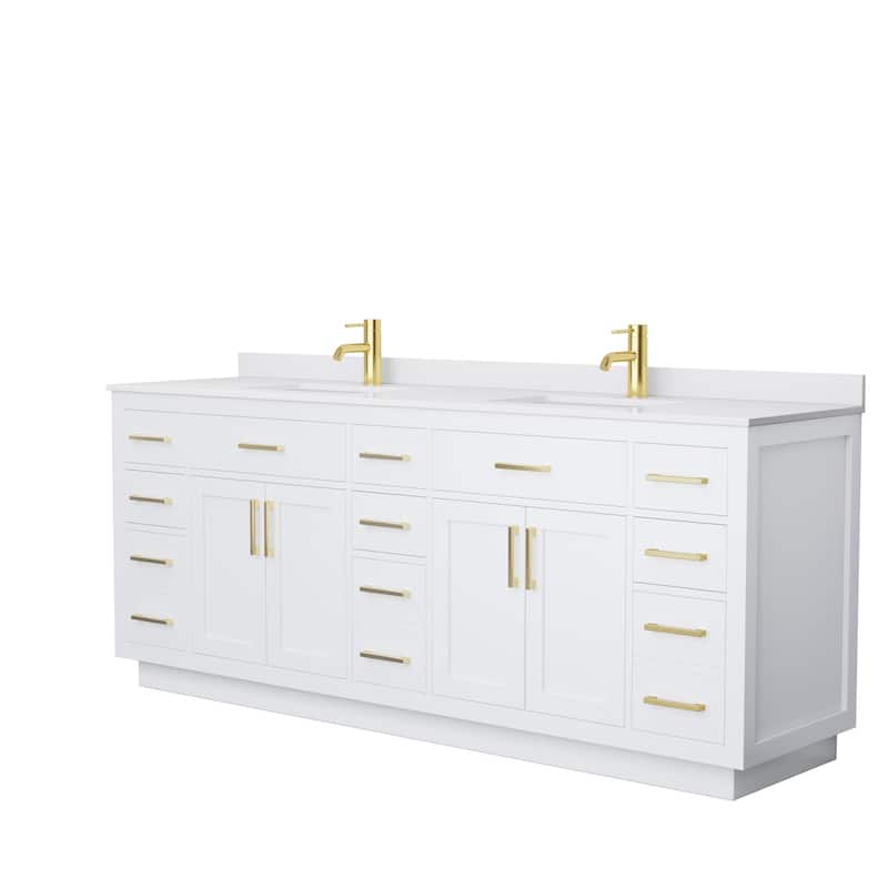 Beckett TK 84-inch Double Vanity, Cultured Marble Top - White, Gold Trim, White Cultured Marble Top