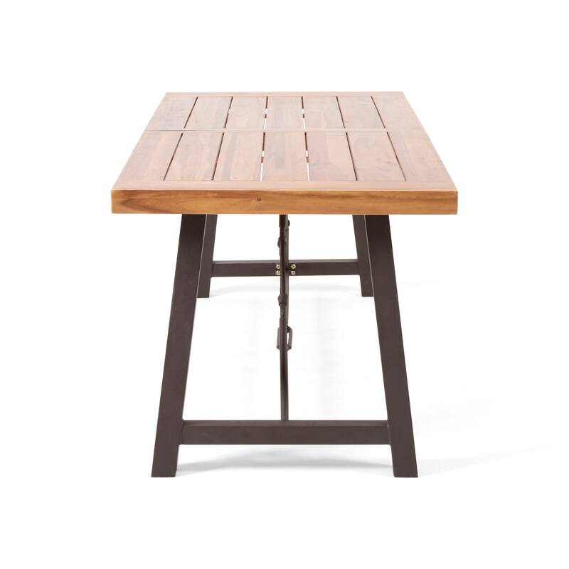 Acacia Wood Dining Table Powder Coated Metal Base Modern Industrial Outdoor