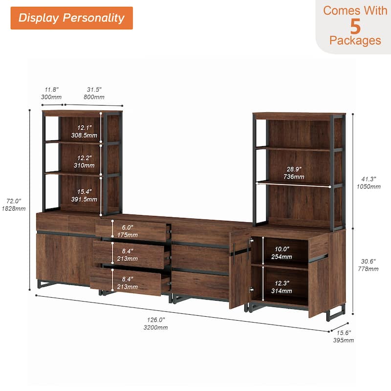 WAMPAT Modern TV Stand with 3 Tiers Bookshelf, Farmhouse Entertainment Center with 2 Storage Cabinets and 6 Drawers