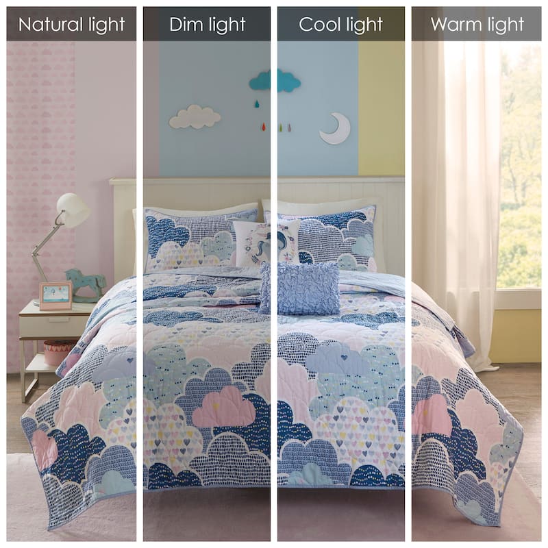 Intelligent Design KidsBliss Blue Reversible Cotton Quilt Set with Throw Pillows